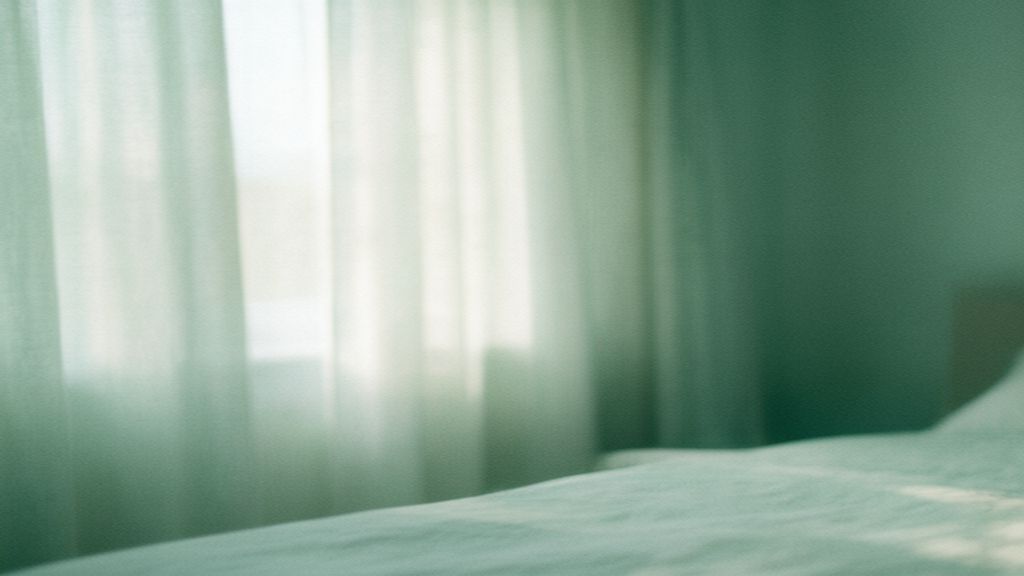 Warm evening light filtering through bedroom curtains, creating a calm atmosphere
